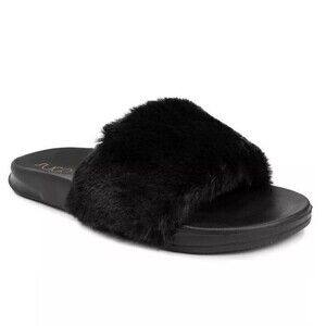 Sugar Womens 7 M Black Fuzzy Flat Flip Flop Sandals NIB YG2
